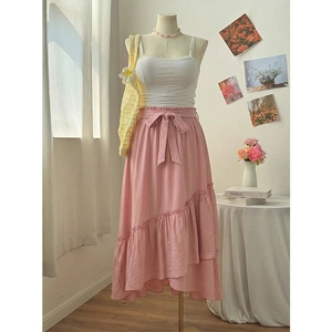 Jupe Midi à Volants Rose Grandes Tailles Pour Femmes Taille Élastique Ourlet Asymétrique Avec Ceinture Nœud Décontracté Bohème