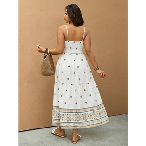 Plus size V-neck maxi dress with geometric print and smocked back for summer wear