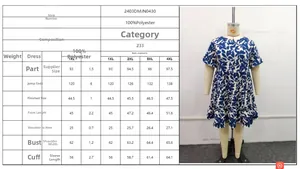Tableau des tailles et mesures de la robe à fleurs grande taille à manches courtes
