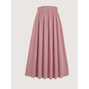 Pink tiered ruffle midi skirt with elastic drawstring high waist in a loose casual fit