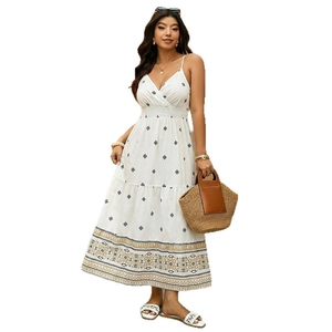 Plus size V-neck white maxi dress with geometric print and bohemian embroidery detail