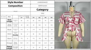 Detailed size chart for pink geometric V-neck plus size vacation blouse with ruffles