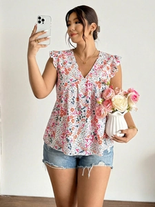 Detailed view of women's floral V-neck chiffon blouse with elegant ruffle sleeve trim