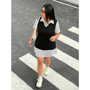 Robe Chemise à Rayures Faux Deux Pièces Grande Taille Pour Femmes Avec Gilet En Tricot Look Superposé Décontracté Coupe Trapèze Top And Bottom
