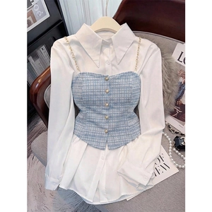 Elegant Plus Size Women White Long Sleeve Shirt And Blue Tweed Vest With Gold Metal Chain Strap socialite Style Outfit