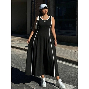 Women Plus Size Sporty Contrast Piping Sleeveless Maxi Dress A-Line Letter Print Streetwear Casual Long Tank Dress