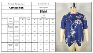 Tableau des tailles détaillé pour chemisier en mousseline grande taille avec mesures complètes