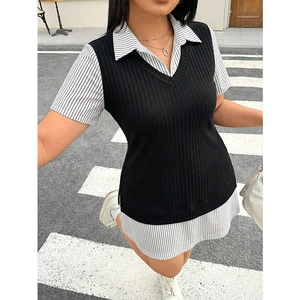 Completo 2 pezzi donna con gilet in maglia nera e abito a camicia a righe sottili