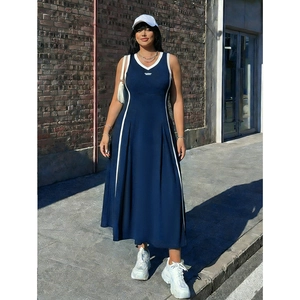 Sporty dark blue sleeveless A-line dress with white stripes and pleated skirt
