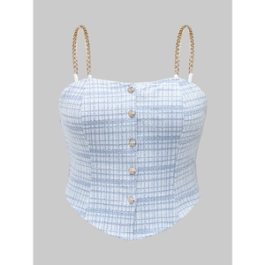 Elegant tweed bustier top in light blue with gold chain straps and vintage buttons