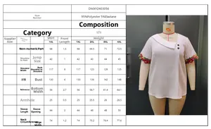 Detailed size chart and specifications for the ethnic embroidered plus size summer t-shirt
