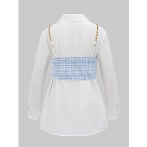Back view of elegant white shirt set with blue tweed chain strap vest
