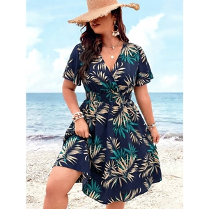 Große Größen V-Ausschnitt Tropisches Palmblätter Kleid Gesmokte Hohe Taille Flatterärmel Strandurlaub A-Linien Sommer Midi Kleid Damen