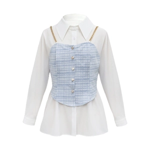 White shirt with light blue tweed chain strap vest set featuring golden buttons