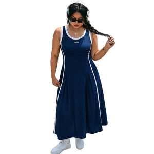 Dark blue sleeveless midi dress with contrast white piping and California patch