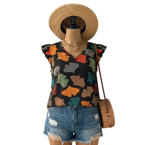 Women's V-neck sleeveless top featuring colorful ginkgo leaf print and ruffle sleeves