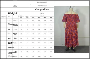 Size chart for off-shoulder floral midi dress with measurements in 100% polyester fabric