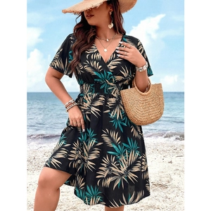 Dunkelblaues Strandkleid mit V-Ausschnitt, Tropenmuster und elastischer Taille für Sommer