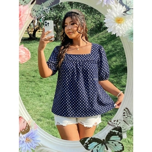 Women Plus Size Polka Dot Square Neck Puff Sleeve Blouse Summer Loose Casual Babydoll Shirt Top Vacation Streetwear