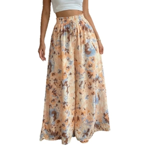 High-waisted tie-dye wide leg pants with adjustable drawstring for women in multi-color