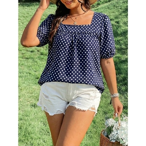 Navy blue polka dot square neck puff sleeve blouse for women in casual summer style