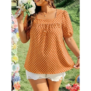 Plus size orange polka dot top with square neck and puff sleeves for summer casual wear
