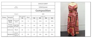 Size chart for plus size V-neck bohemian print maxi dress showing measurements for 1XL to 4XL