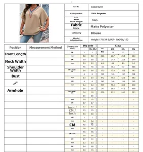 Tableau des tailles détaillé pour haut femme à col en V en centimètres et pouces