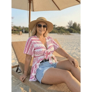 Pink and white geometric print V-neck tie-front crop top beach blouse for women