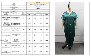 Detailed size chart for women's luxury satin dress with technical garment specifications