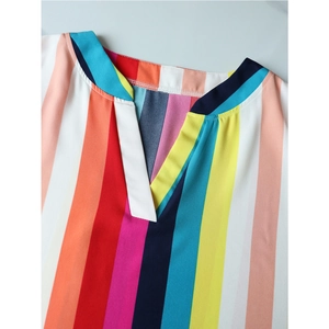 Women V-neck colorful vertical striped chiffon top with vibrant multi-color loose fit