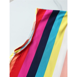Vibrant rainbow striped V-neck chiffon top with high-quality edge stitching details