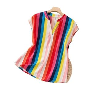 Colorful vertical striped V-neck chiffon top for women with vibrant multi-color patterns