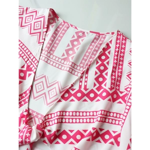 Pink and white geometric print V-neck tie-front blouse with bohemian style patterns