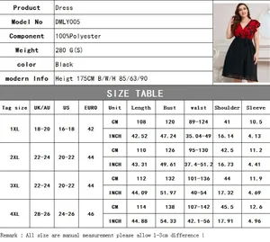 Detailed size guide for floral V-neck dress with measurements from 1XL to 4XL sizes