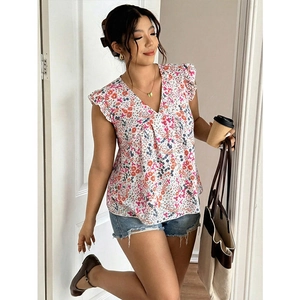 Plus Size V Neck Floral Print Ruffle Sleeve Blouse Sleeveless Loose Chiffon Top Sweet Pullover Summer Shirt For Women