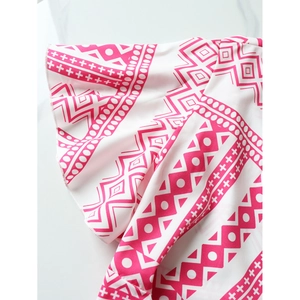 Pink and white geometric print V-neck top with ruffled short sleeves and stylish patterns