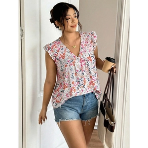 Women's V-neck floral sleeveless chiffon blouse with ruffle trim and casual loose fit