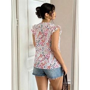 Floral V-neck chiffon blouse with ruffle sleeves and colorful flower pattern for women
