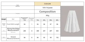 Size chart for white tiered maxi skirt showing measurements for plus sizes 1XL to 4XL