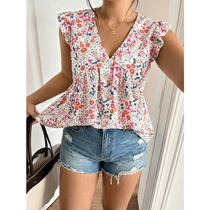 Women's V-neck floral chiffon blouse with ruffled sleeves and pleated waist design