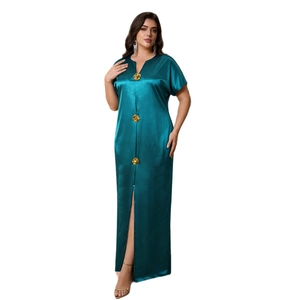 Elegant teal satin maxi dress with gold rose buttons and front slit detail for women