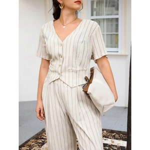 Ensemble Deux Pièces Femme Élégant à Rayures Décontracté Col en V Gilet Sans Manches et Pantalon Large Tenue d'Été