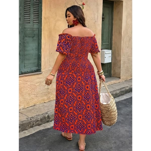 Summer off-shoulder plus size geometric print dress with smocked waist and puff sleeves