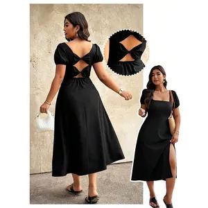 Women Square Neck Puff Sleeve Midi Dress Backless Bow Cutout High Slit Elegant Solid Black Vacation Style Ladies Dress