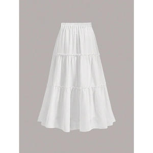 White multi-layered tiered maxi skirt with elastic high waist and pleated ruffle design