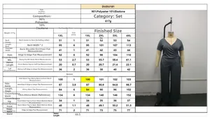 Detailed size chart for plus-size grey V-neck set with polyester fabric specs