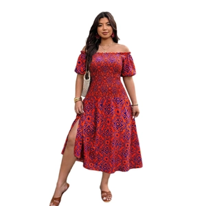 Off-shoulder bohemian summer dress with red floral print and elastic smocking detail