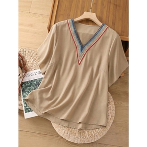 Blouse à Manches Courtes et Col en V pour Femmes Grande Taille Haut en Chiffon Ample avec Bordure en Dentelle Brodée