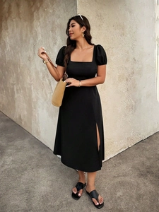 Chic square neck puff sleeve dress with a stylish side slit and minimalist black fabric